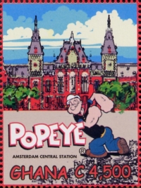 Ghana: stamp with Popeye and Amsterdam central station.